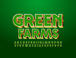 Vector chic logo Green Farms with 3D Golden Font. Luxury Uppercase Alphabet. Set of premium Letters and Numbers