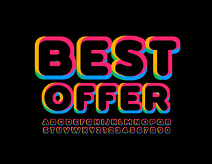 Vector bright poster Best Offer. Trendy Uppercase Font. Modern creative ALphabet letters and Numbers