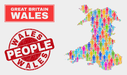 Demographic Wales map illustration. People color mosaic Wales map of persons, and red rounded corroded seal. Vector combination for nation public representation.