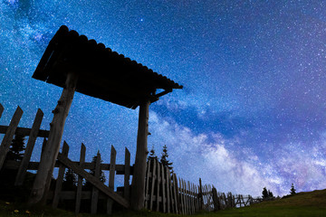 Blue Milky way falling stars entrance door fence