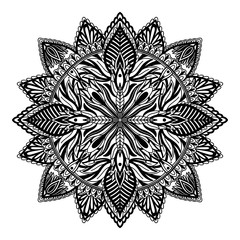 Ethnic Mandala decoration.Boho chic oriental motif. Black color in white background.