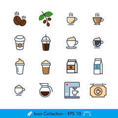 Coffee Related Icons / Vectors Set - In Color Design | Contains Such Coffee Beans, Tree, Cup, Cappuccino, Latte, Frappe, Sack, Milk, Pot, Coffee Maker, Billboard more