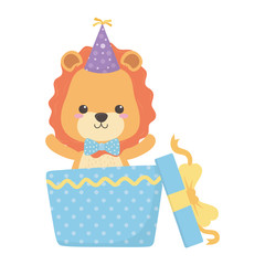 Lion cartoon with happy birthday icon design
