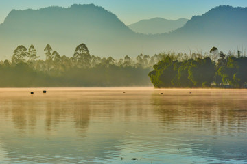 Landscape with lake, forest and mountain in the misty morning