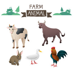 Farm animals vector set. Farm animals set in flat style isolated on white background. Vector illustration. Cute cartoon animals collection: Cow, Buffalo, Bull, Rabbit, Duck, Goose, Chicken, Rooster