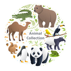 Fototapeta na wymiar Animals vector set. Vector collection funny animals, Cute animals in cartoon style. Crocodile, Bear, Camel, Bird, Squirrel, Panda. Cute Animal Vector illustration