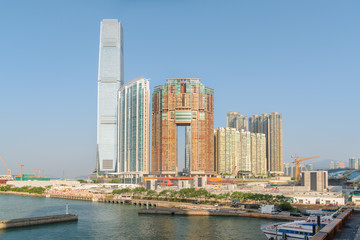 Fototapeta na wymiar View of skyscraper and other modern buildings, West Kowloon