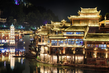 Fototapeta premium Wonderful night view of Phoenix Ancient Town (Fenghuang), China