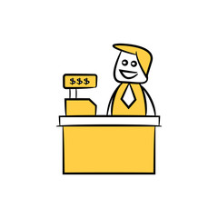 doodle stick figure businessman sitting with cashier machine