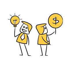 doodle stick figure businessman with idea bulb and money