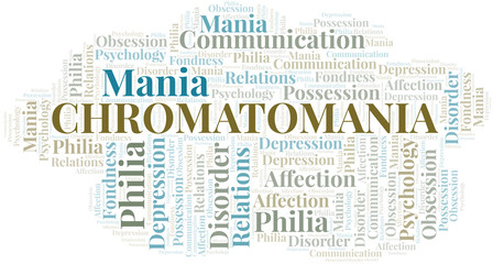 Chromatomania word cloud. Type of mania, made with text only.