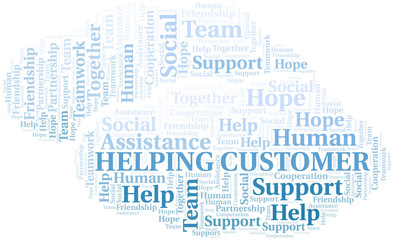 Helping Customer word cloud. Vector made with text only.