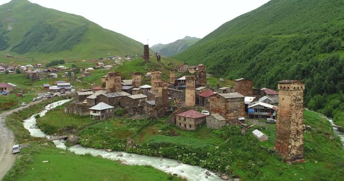 Aerial of Ushguli village in Georgia