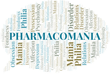 Obraz premium Pharmacomania word cloud. Type of mania, made with text only.