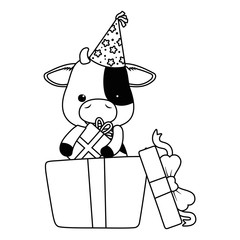 Cow cartoon with happy birthday icon design