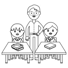 cute little students girls seated in schooldesks with male teacher