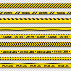 Yellow And Black Barricade Construction Tape On Transparent Background. Police Warning Line. Brightly Colored Danger or Hazard Stripe. Vector illustration.