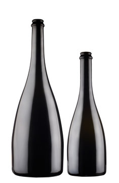 two black champagne bottles on grey background