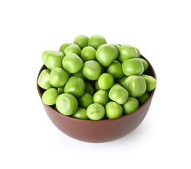 Bowl with tasty fresh peas on white background