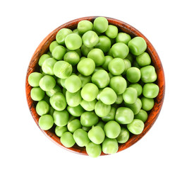 Bowl with tasty fresh peas on white background
