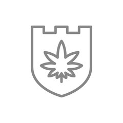 Shield with cannabis leaf, medical marijuana line icon.