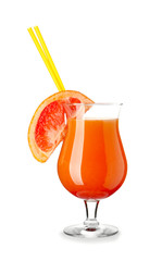 Glass with tasty summer cocktail on white background