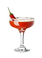 Glass with tasty summer cocktail on white background