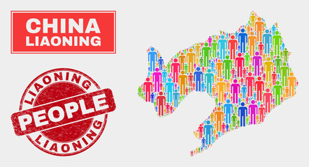 Demographic Liaoning Province map abstraction. People bright mosaic Liaoning Province map of humans, and red rounded scratched stamp seal. Vector composition for national mass report.