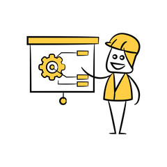engineer present gear in slide, doodle stick figure design