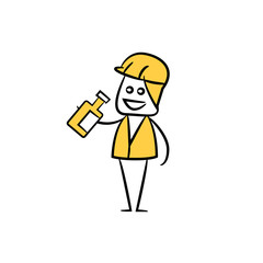 engineer holding bottle, doodle stick figure design