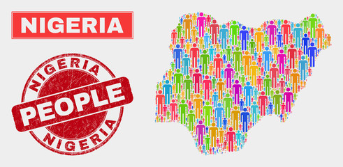 Demographic Nigeria map illustration. People colorful mosaic Nigeria map of humans, and red round rubber watermark. Vector combination for population public report.