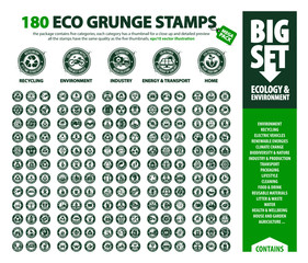 big vector set of Eco icons, huge pack of ecology & environment themes: renewable energy, global warming, recycling, plastic waste, the five thumbnails contain ink drop which can be used on each stamp - 276473959