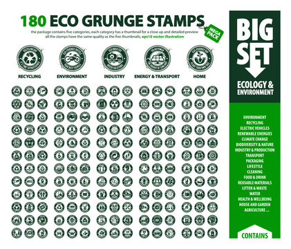 big vector set of Eco icons, huge pack of ecology & environment themes: renewable energy, global warming, recycling, plastic waste, the five thumbnails contain ink drop which can be used on each stamp