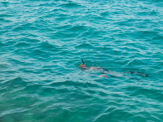 Diver with underwater gun, mask and snorkel swims looking for fish. Underwater hunting, diving,...