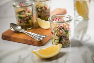Norddeutscher Friesischer Nordseekrabben Salat Glas Becher mit Gurken, Radieschen, Zwiebeln, Dill und Zitronen auf Holz Brett und Marmor Tisch