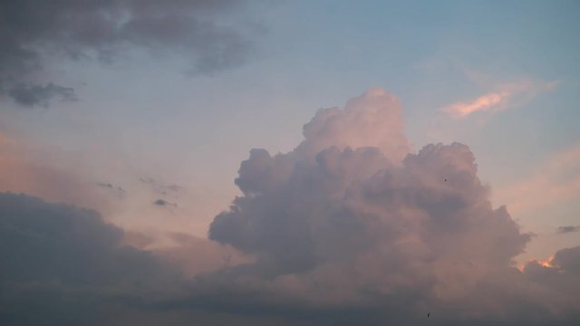 Thick white beautiful clouds, painted in the color of a pink summer sunset, are quickly replaced by dark clouds. Time lapse 4k
