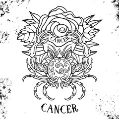 Beautiful line art filigree symbol. Black sign on vintage background.Elegant jewelry tattoo.Engraved horoscope symbol.Doodle mystic drawing with calligraphy lettering.Cancer