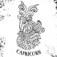 Beautiful line art filigree zodiac symbol. Black sign on vintage background.Elegant jewelry tattoo. horoscope symbol.Doodle mystic drawing with calligraphy lettering.Capricorn