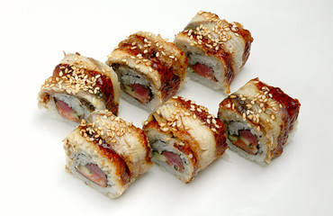 Sushi rolls on white background. Collection. Closeup of delicious japanese food with sushi roll.