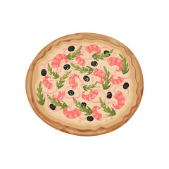 Whole pizza with shrimps and squid rings. Vector illustration on white background.
