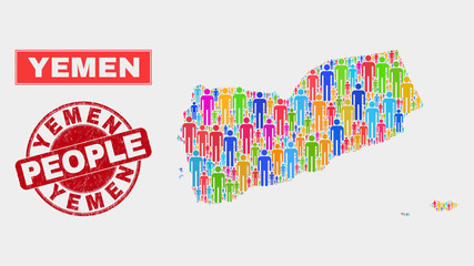 Demographic Yemen map abstraction. People bright mosaic Yemen map of humans, and red rounded grunge stamp. Vector composition for nation audience plan.