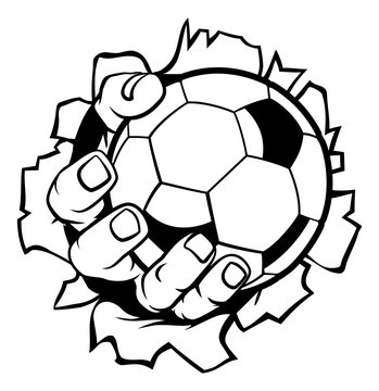 A strong hand holding a soccer football ball tearing through the background. Sports graphic
