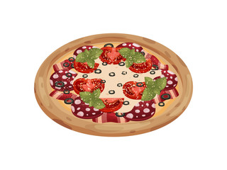 Round pizza with bacon and sausage. Vector illustration on white background.