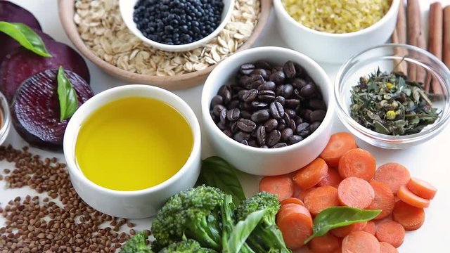 Liver detox diet food concept . Foods for healthy liver. Health foods high in antioxidants and fiber. Top view 