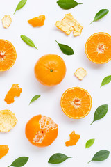 High vitamin C. Fresh mandarin orange with leaves on white background.
