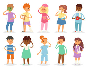 Sick kids child with headache and temperature and children catching a cold or flu illustration set of sickness or illness isolated on white background