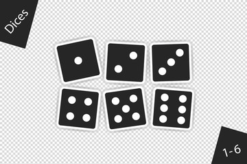 Dices Set 1 To 6 With Shadow - Vector Illustration - Isolated On Transparent Background