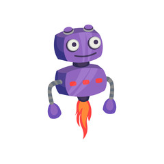 Cute purple robot flying on fire. Vector illustration on white background.