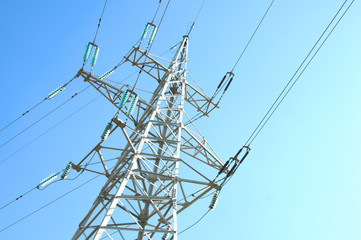 Electricity poles. Pylon with cables. High voltage line.