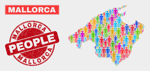 Demographic Mallorca map illustration. People bright mosaic Mallorca map of humans, and red rounded corroded watermark. Vector composition for nation audience report.